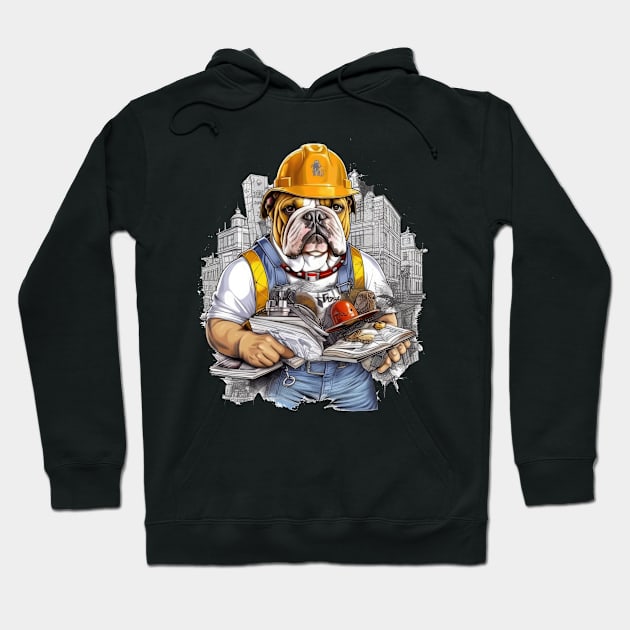 Accountant English Bulldog t-shirt design, a bulldog wearing a hard hat and holding a blueprint Hoodie by teestore_24